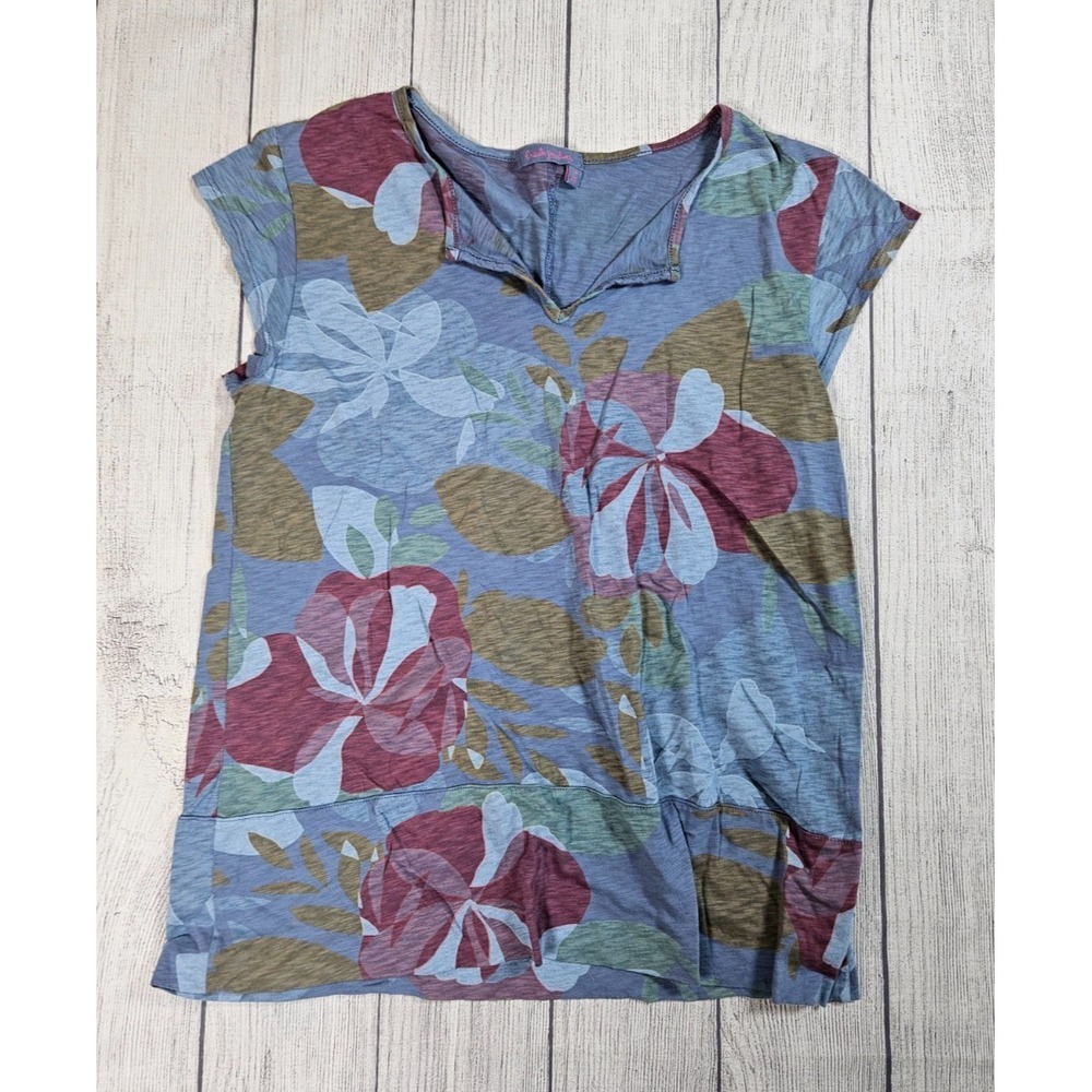 Fresh‎ Produce Top Womens Small Blue Floral 100% Cotton Cap Sleeve Casual Shirt
